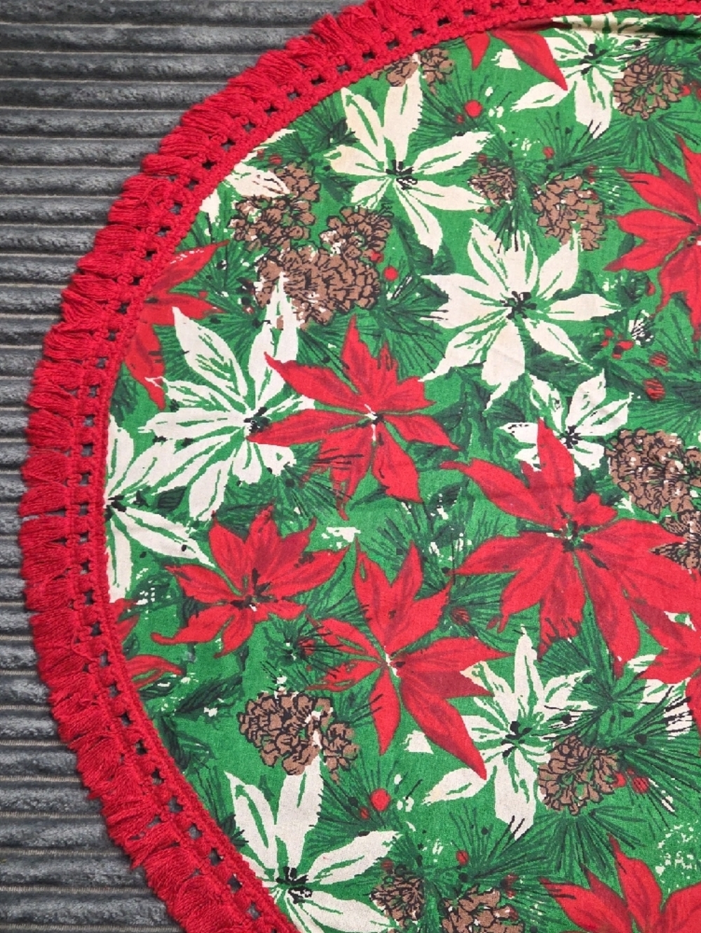 Festive Poinsettia Round Holiday Table Topper - Red & Green - Picture 5 of 7